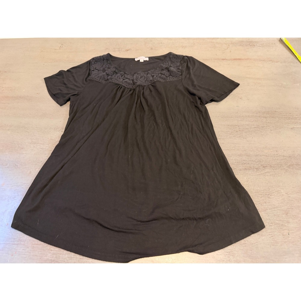 Ahlaray Black Lace Yoke Short Sleeve Knit Top Blouse Plus Size 1X Floral Detail
